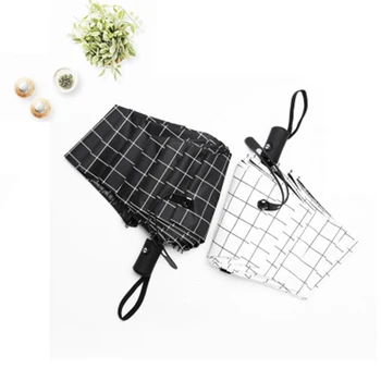 

White Strong Windproof 8 Fiberglass Ribs Fully Automatic Black Coating Striped Grid Umbrella Portable Suit For Women Men Z622
