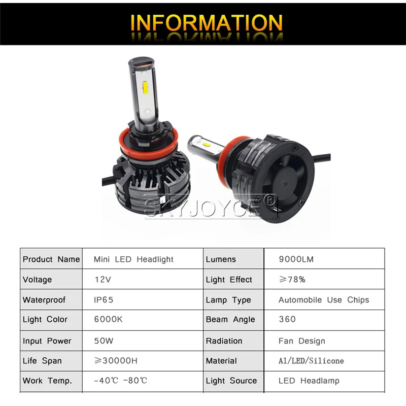 SKYJOYCE 1 Set Car Light H11 LED Headlight H4 LED Bulbs With CSP Chips 50W 9000LM 6000K White Mini T6 Auto Headlamp Fog Light (11)