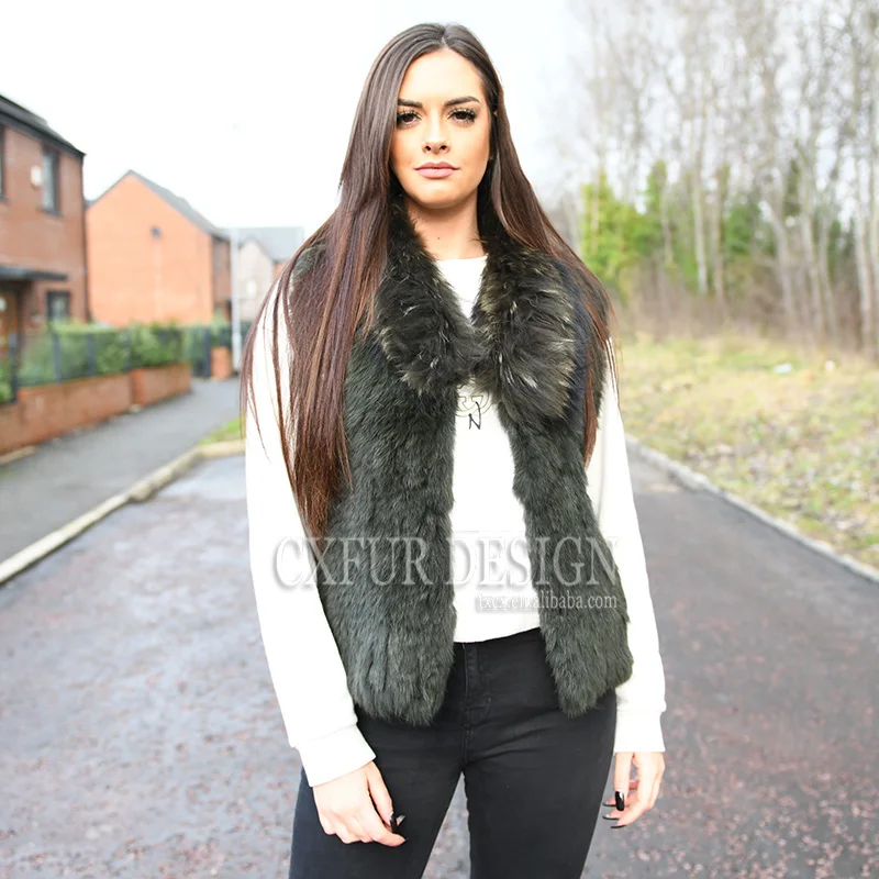 

CX-G-B-250D Ladies Gilet Real Rabbit Fur Women Winter Vest with Raccoon Collar