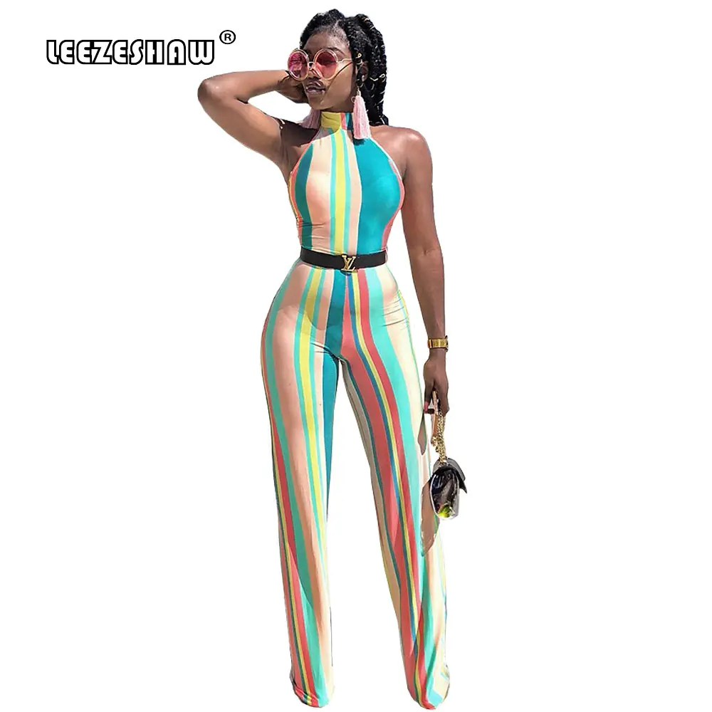Leezeshaw Chromatic Striped Jumpsuit for Women 2018 Sexy Off Shoulder Rompers Playsuit Sleeveless Straight Jumpsuits With Sashes Jumpsuits and Playsuits