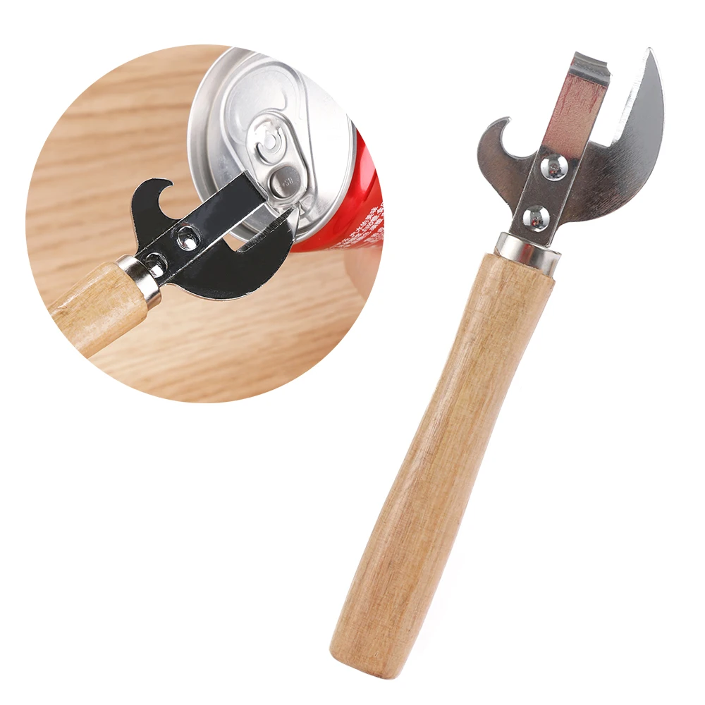 Manual Stainless Steel Can Opener Side Cut Wooden Handle Tin Jar Bottle Opener