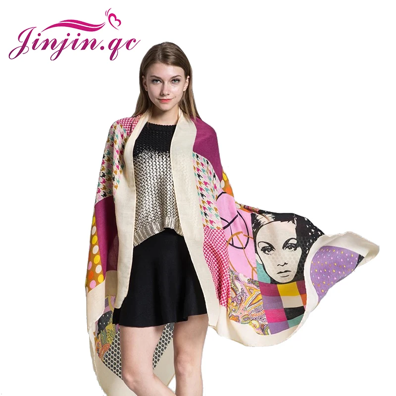 Jinjin.QC Women's Long Scarf Winter Geometry Girl Printed Cotton Scarves And Wraps Female Bandana 2019 New Fashion Shawls