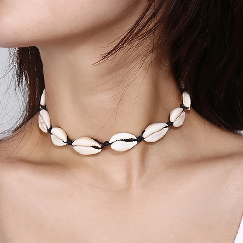 

Fashion Black Rope Chain Natural Seashell Choker Necklace Collar Necklaces For Women Shell Jewelry Summer Bohemian Beach Gift