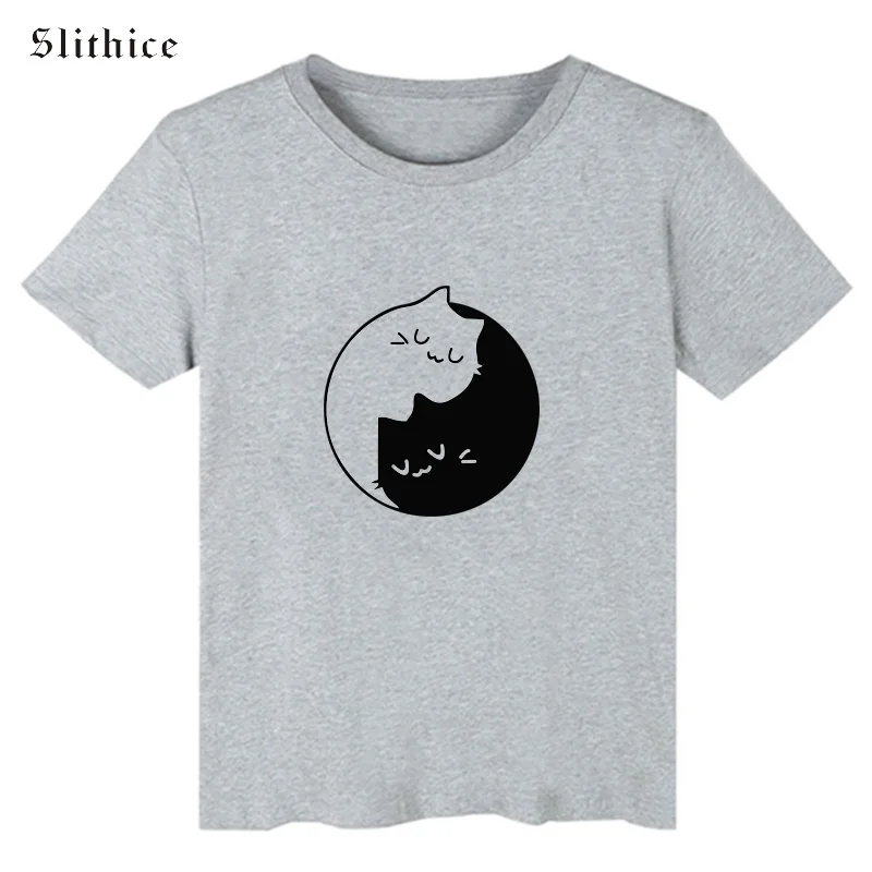 Женская футболка с коротким рукавом Slithice черно белая рисунком кошки уличная