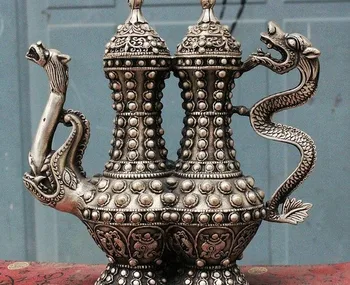 

YM 318 Old Tibet Buddhism Silver 8 Auspicious Symbol Dragon Statue Wine Tea Pot Flagon