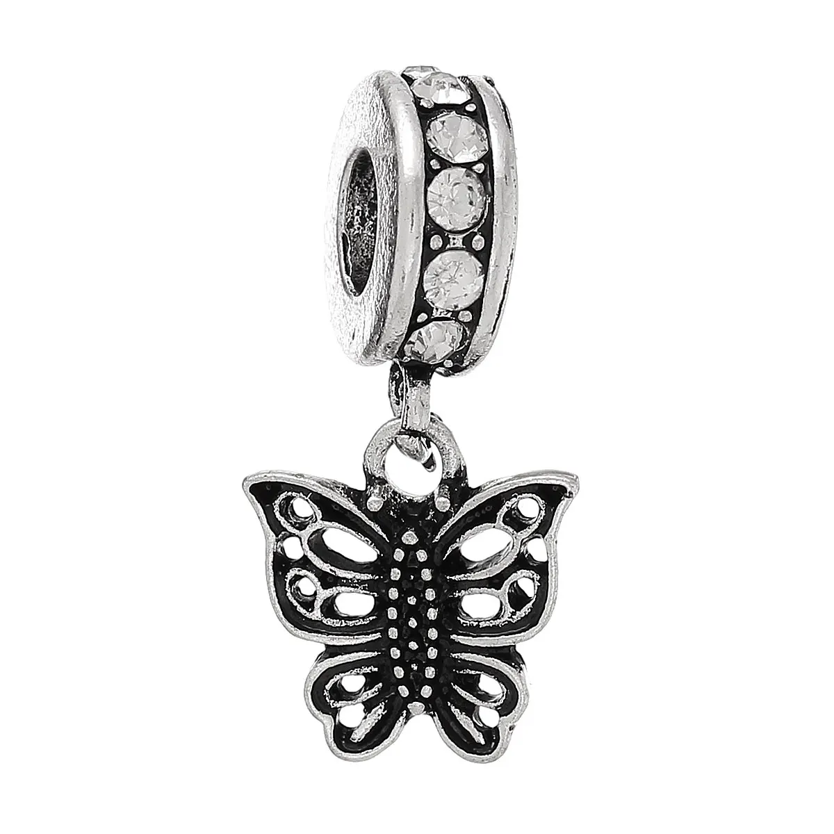 

European Style Charm Slider Pendants Butterfly Antique Silver Clear Rhinestone With Rhinestone 25mm x 12mm ,1 Pc new