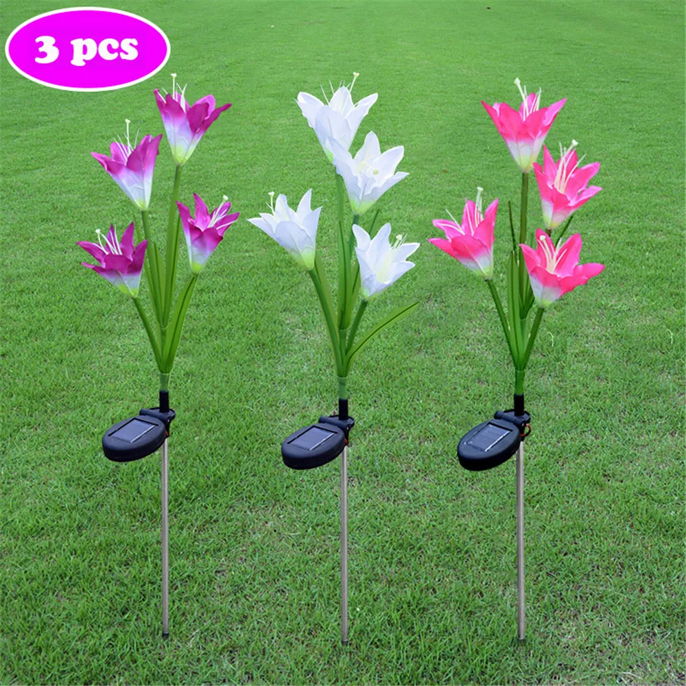 

3pcs/lot Outdoor Solar Garden Stake Lights with lily flower 4leds Multi-color Changing Wireless home decoration Garden,Patio,Bac