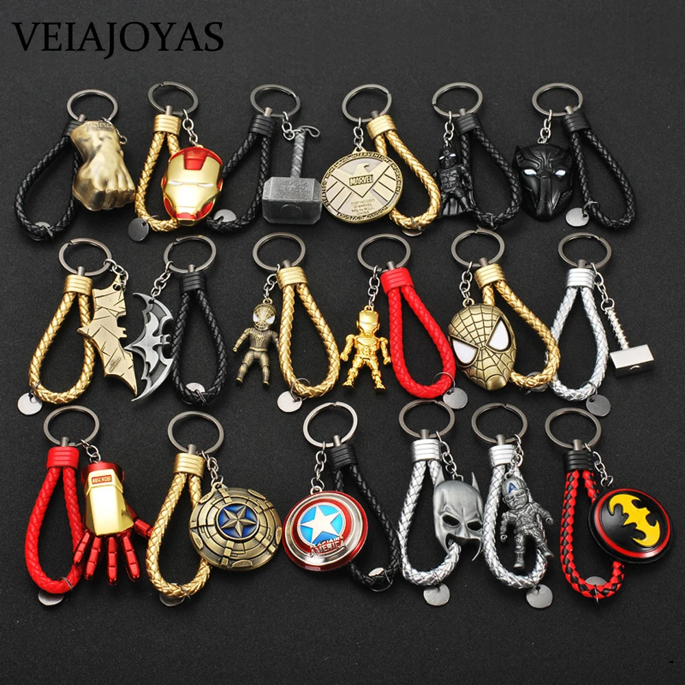 

10pcs/lot Full Set Avengers Keychains Spiderman Iron Man Captain America Batman Alloy Keyring Weave Leather Fashion Car Key Fob