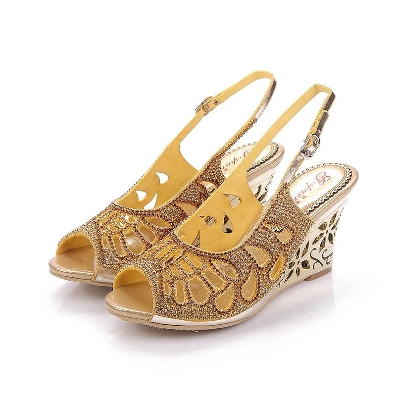 

Back Ankle Strap Cut-out Rhinestone Wedding Party Wedges Shoes Gold Crystal Gladiator Sandals Summer Dress Pumps Genuine Leather