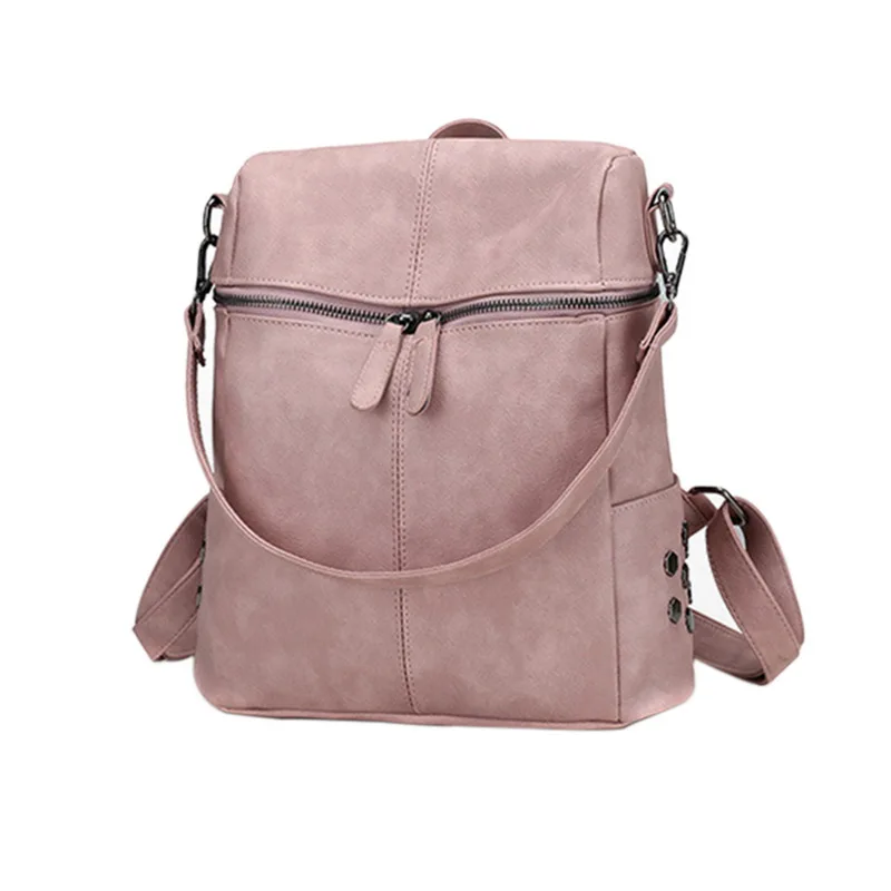 

Fashion Ladies Zipper Backpacks Fashion Waterproof PU Leather 3 Ways Student Pink Schoolbag