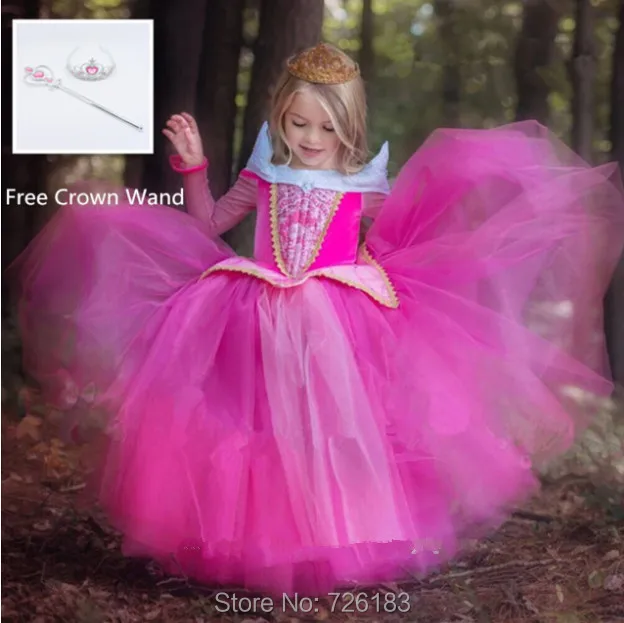 

Vintage New kids dress Girls Dresses for Baby Children Aurora Princess Dress Toddler Gowns girl party dress Free crown Wand