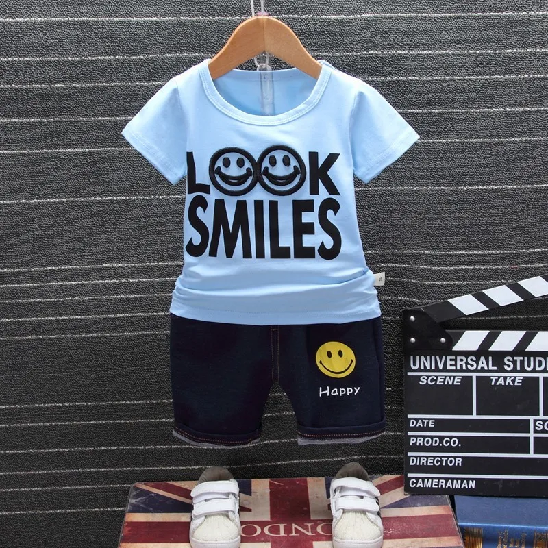 Новая летняя одежда для маленьких мальчиков для новорожденных, детская одежда с героями мультфильмов, Детская Хлопковая футболка с изображением смайлика и шорты 2 шт./компл. модные костюмы - Цвет: XH xiaolian Blue