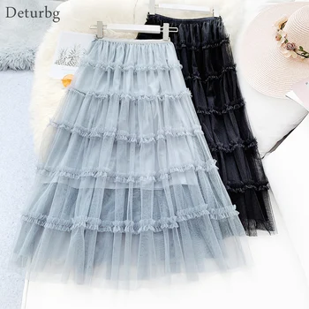 

Women's Sweet Ruffled Tiered Skirt Ladies Elegant Korean High Waist Pleated Black Midi Long Tutu Skirts 2019 Autumn Faldas SK389