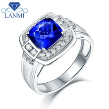 Simple DesignCushion 8mm Natural Tanzanite Wedding Men’s Rings Real Solid 14K White Gold Shinning Diamond for Husband Gift