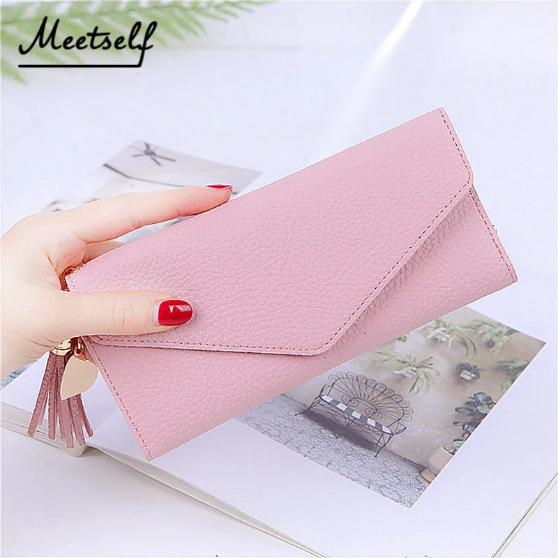 

MEETSELF PU Leather Long Heart Pendant Tassel Simple Envelope Bag Fashion Multifunction Litchi Pattern Women Wallet 3 Fold E-573