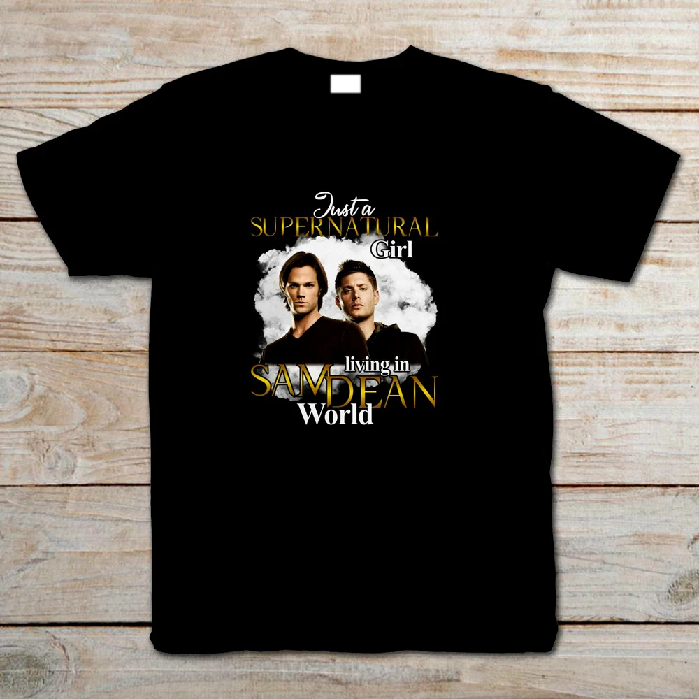 Черная футболка с надписью Just A Supernatural Girl Live In Sam Dean World S-3XL летние футболки