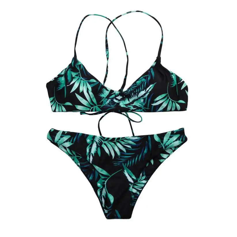 

Women Swimwear Casual Women's Bandage Bra Set Sexy Leaves For Rope Swimsuit Push-up Print Swimwears Jan29