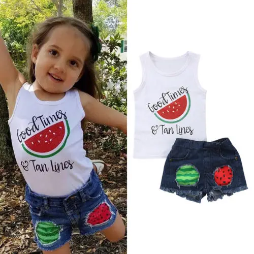 

2PCS Toddler Baby Girls clothes Summer watermelon printed Tops Vest+ Ripped Shorts Outfit clothes set