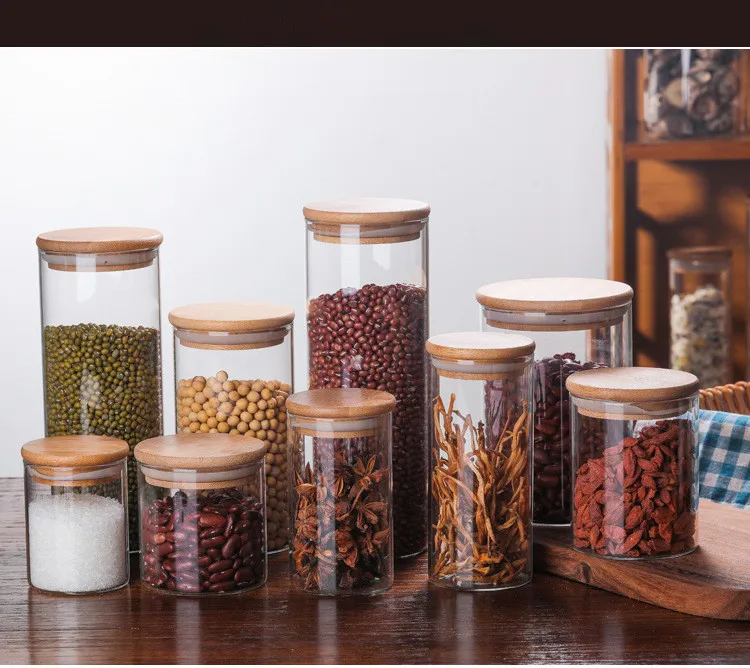 1PC Glass Food Storage Bottle Bamboo Cover Sealed Grains Nuts Tank Can Kitchen Sorting Food Storage Box Container JM 004