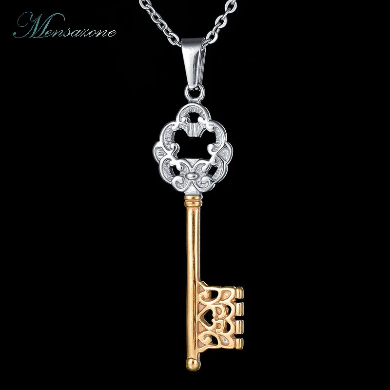 MENSAZONE Gold Color Stainless Steel Key Pendant Necklaces Hollow Chain