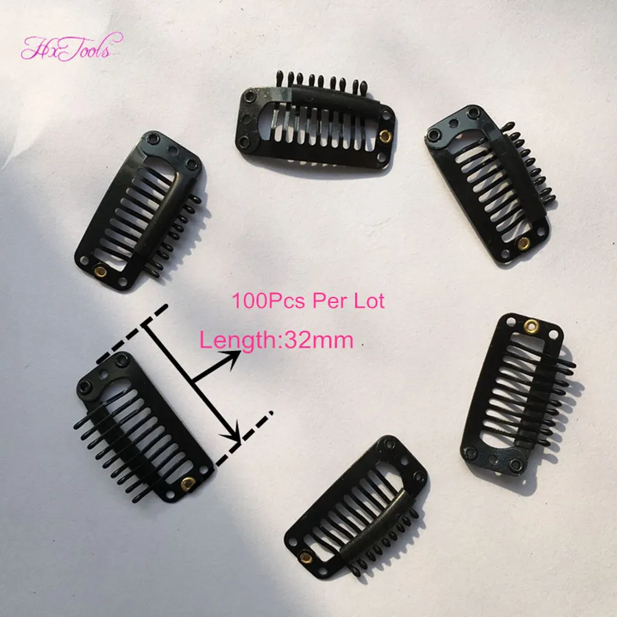 100pcs Wig Hair Clips 32mm Snap Clips for Hair Extension I Shape Wig Clips   tool  9 Teeth Hair Extension Clips Black Color 