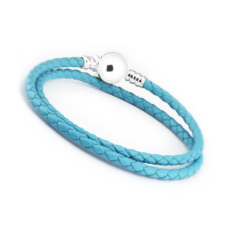 

Authentic 925 Sterling Silver Ball Clasp Bracelets With Sky Blue Leather for Women Fit Charm Beads DIY Fine Jewelry SLE716