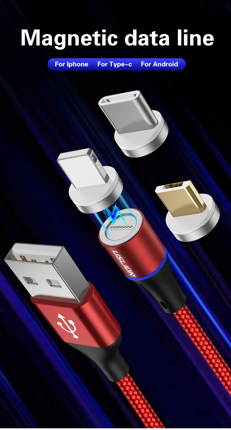 USLION 3A Магнитный usb-кабель type-C, магнитный кабель для телефона, быстрое зарядное устройство, USB Micro type C, зарядный шнур, быстрая зарядка для iPhone XS 7