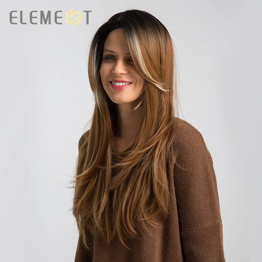 

Element Heat Resistant Synthetic Hair Wig 26 inch Long Straight Ombre Brown Wigs for Women High Density Average Cap Size