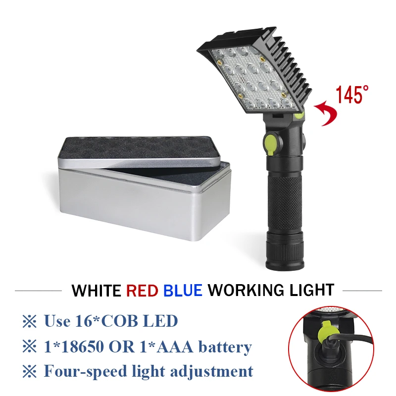 

Warning 16 COB flash light Red light blue light white light flashlight usb charge torch 18650 or AAA battery camping led zaklamp