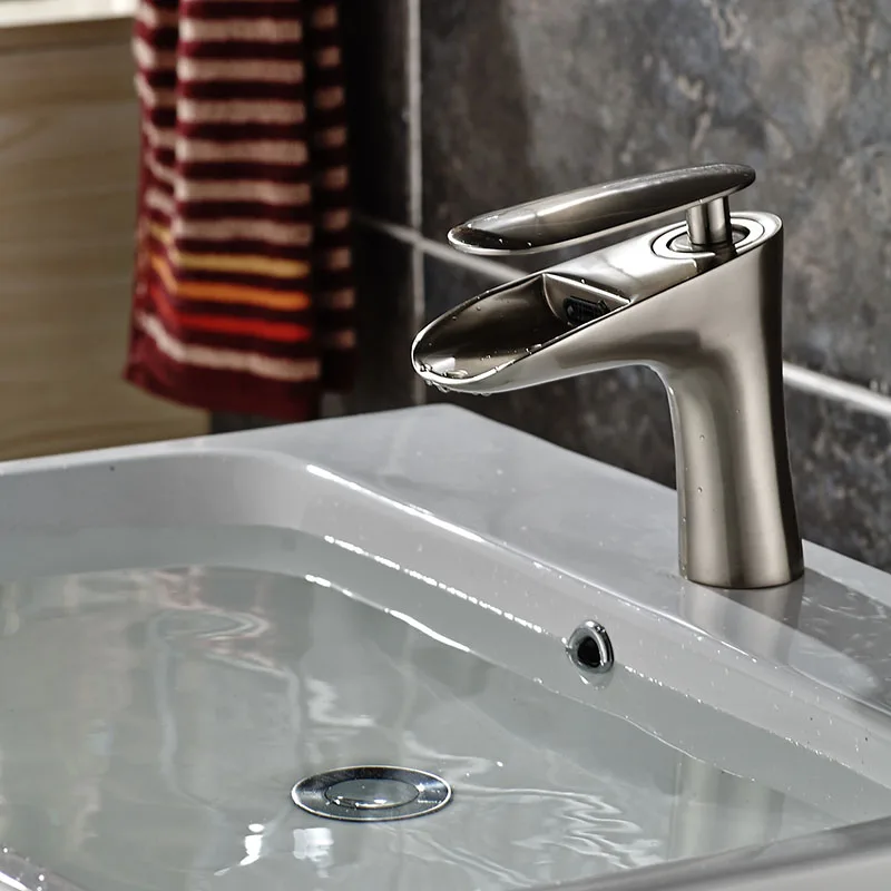 Waterfall Spout Brass Basin Faucet Brushed Nickel Bathroom Basin