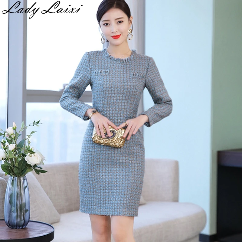 

2019 Spring New Arrival tassel Soft Tweed Dress High Quality Light Blue Long sleeve Mini Dress For Ladies office OL vestidos
