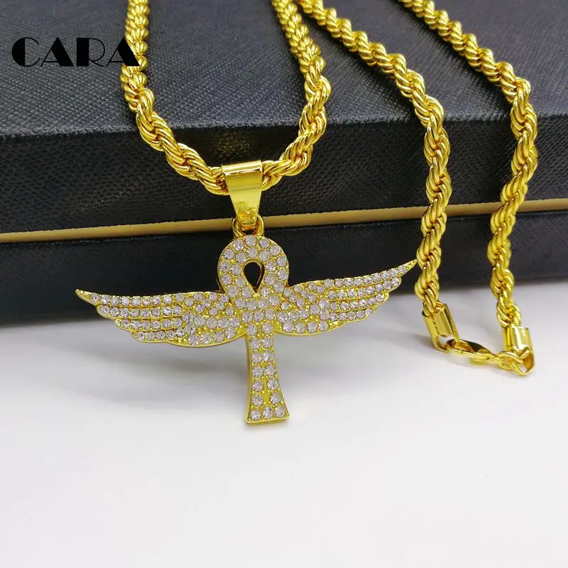 CARA ледяной Bling Стразы Крылья Крест АНХ ожерелье подвеска полный cz камни Египетский жизни крест ожерелье CARA0412