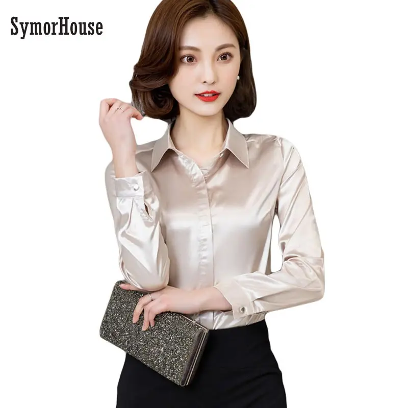 

Women silk satin blouse button long sleeve White Gold Red Black lapel ladies office work elegant female silk blouses shirts