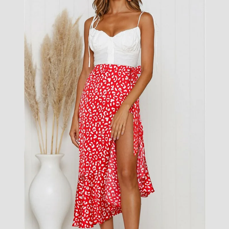 

Ladies Boho Floral Printed Skirt Women Fashion Asymmetric Ruffles Split Jersey Gypsy Long Full Skirt Summer Beach Sun Skirts NEW