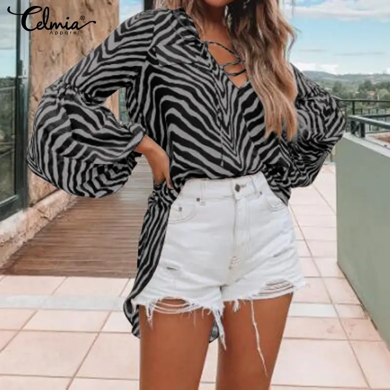  Elegant Women Blouse 2019 Celmia Fashion Print Long Shirts Female Full Sleeve Sexy Lace Up Work Top