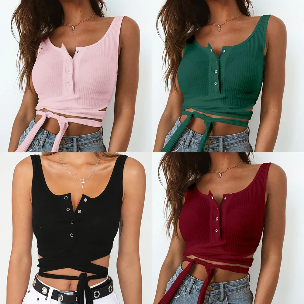 Sexy Crop Top Women Bandage Button Tank Tops Cropped Feminino Tee Top