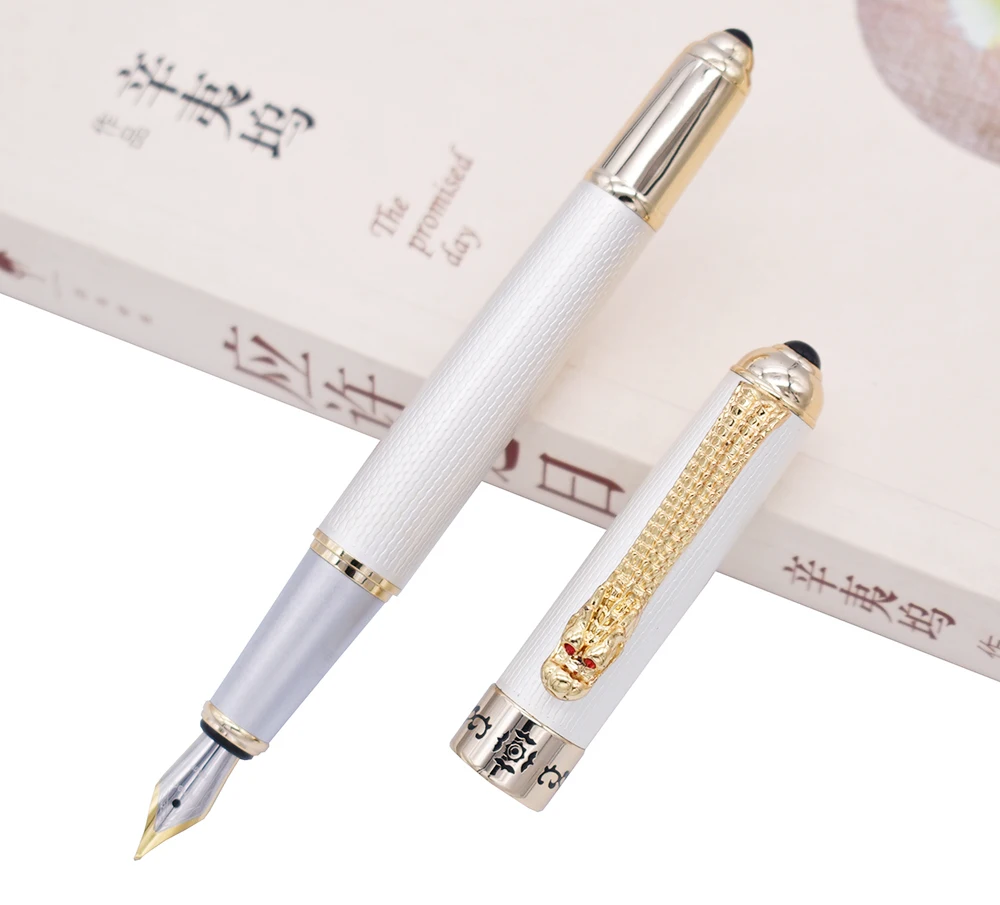 Jinhao Luxurious Fountain Pen Classic Style Dragon Clip, Medium Nib White Writing Signature Pen Business Office Supplies fuliwen business carbon fiber silver grid fountain pen 0 7mm medium nib professional stationery supplies writing tool gift