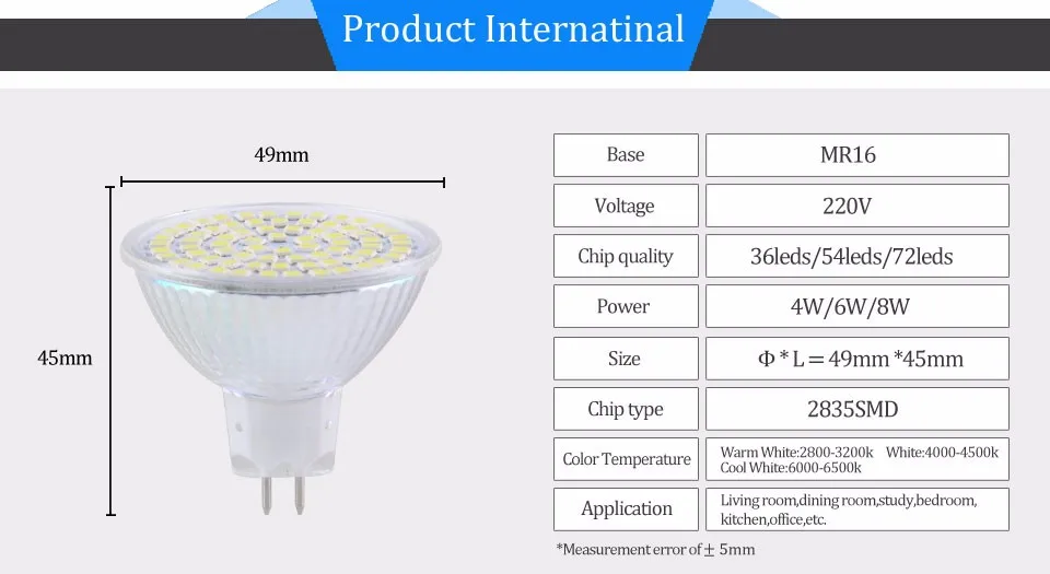 MR16 Светодиодный точечный светильник 36 светодиодный s 54 светодиодный s 72 светодиодный s AC 220V Светодиодный лампа Стекло тела Bombillas светодиодный Полный 8W 6W 4W декоративная лампа для дома 1 шт