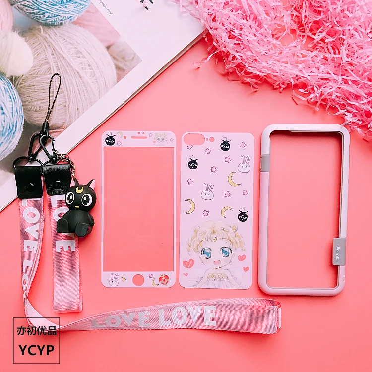

For iPhone 7 plus Sakura Case set, 6 6s shockproof bumper + 8 plus Tempered Glass front &back Screen films + strap+ cute bracket
