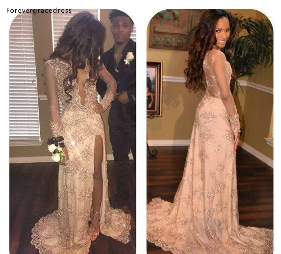 

Long Sleeves Prom Dresses 2019 South African Black Girls Beaded Deep V Neck Holidays Graduation Wear Evening Party Gowns