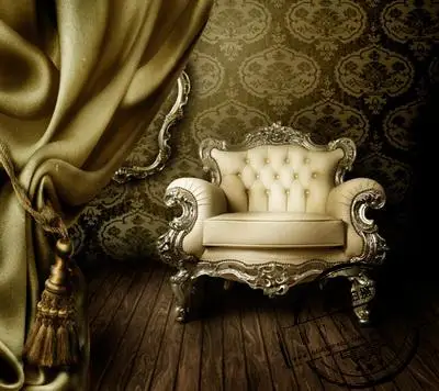

5x5ft  baroque photography backdrop printed with damask wallpaper and tufted sofa and curtain and wood floor XT-645