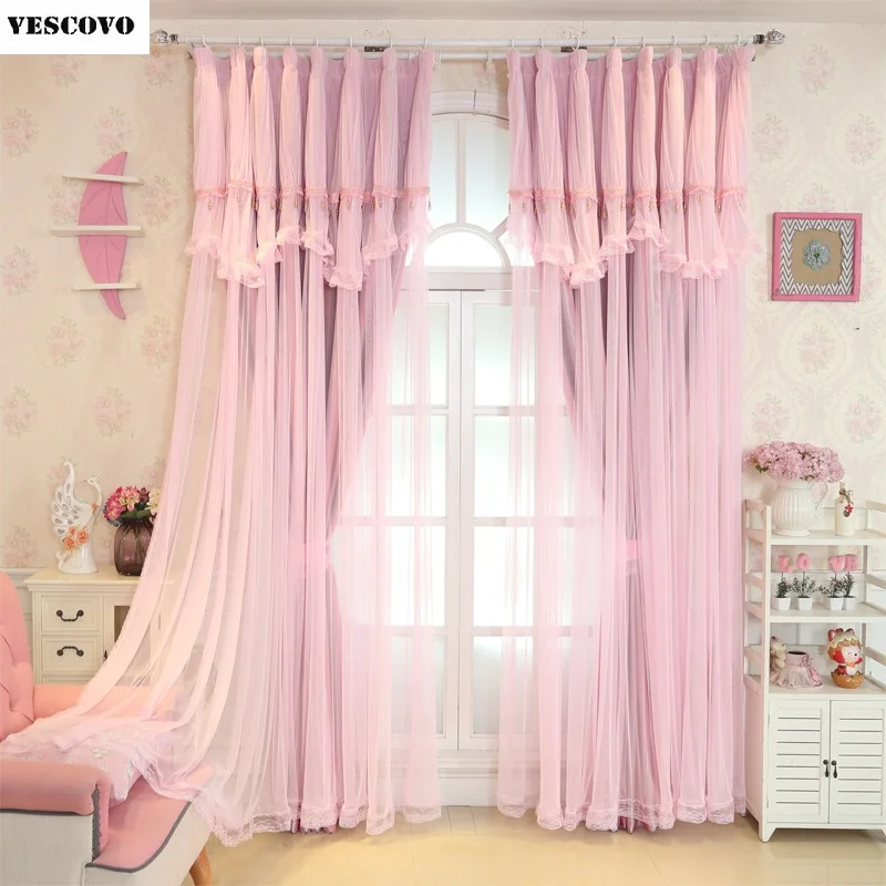 Korean Solid Lace Voile Cloth Curtains For Princess Bedroom Pink