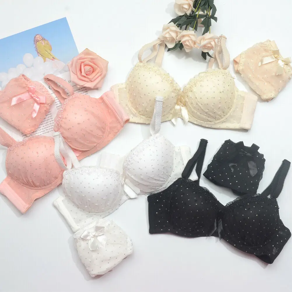 

Sweet Cute Women Romantic Lace Bra Sets Glitter Polka Dot Sequins Underwear Set Padded Push Up Bra And Panty Bra & Brief Sets