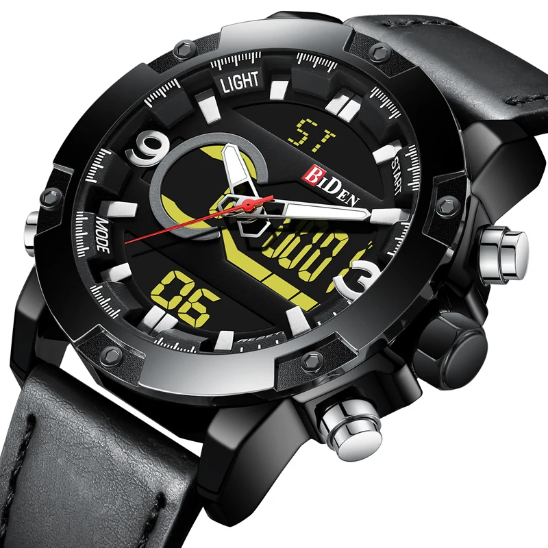

BIDEN Luxury Brand Men Black Steel Watch LED Digital Date Leather Band Military Sports Quartz WristWatch Clock Relogio Masculino