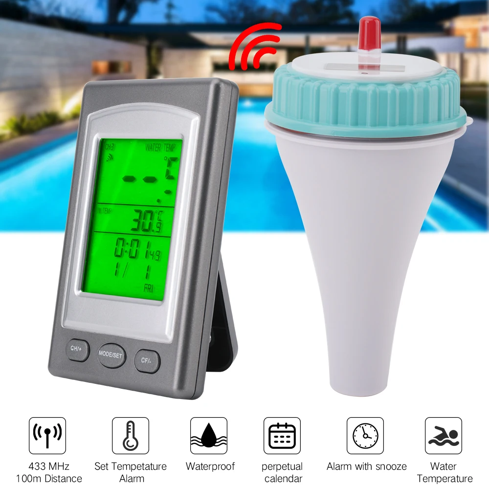 

Wireless Swimming Pool Thermometer LCD Backlight Display Floating Waterproof Digital Pool Thermometer with Time Alarm Calendar