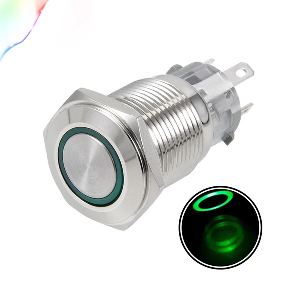 Momentary Metal Push Button Switch 16mm Mounting Dia SPDT 1NO 1NC 12V Green LED |