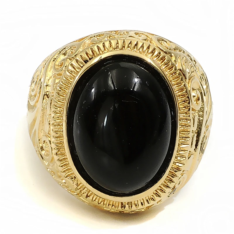Mens Womens Gold Ring Natural Oval Black Onyx Turquoise Gem Stainless Steel Fashion Jewelry Size ...