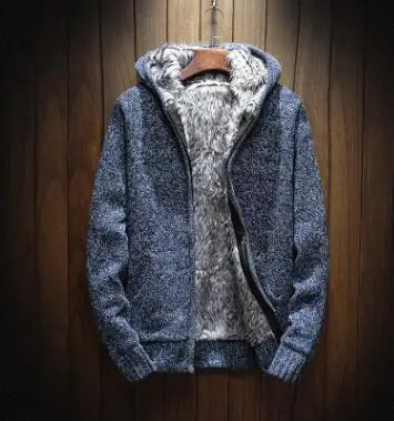 Новые идеи, вязанная Толстая толстовка на молнии с капюшоном, мужские свитера на осень и зиму, теплый кашемировый шерстяной пуловер на молнии, свитера - Цвет: Синий