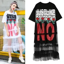 Летние женские длинные футболки, топы с аппликацией в виде роз и букв, кружевные повседневные платья с оборками, уличные футболки NS806