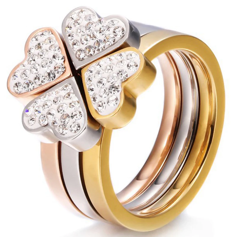 gorgeous three ring set stainless steel silver gold rose gold crystal clover ring - Rose Gold Wedding Ring Set gorgeous three ring set stainless steel silver gold rose gold crystal clover ring - Rose Gold Wedding Ring Set